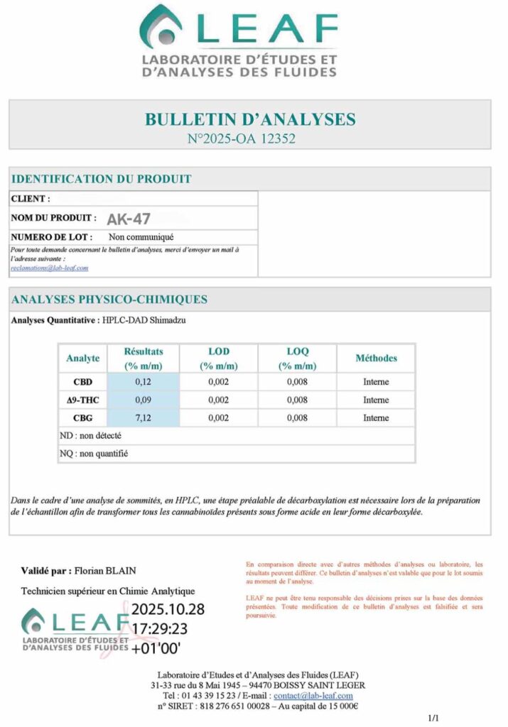 Analyse Trim CBG AK‑47 – garantie 0 % THC, teneur élevée en CBG, conformité légale France