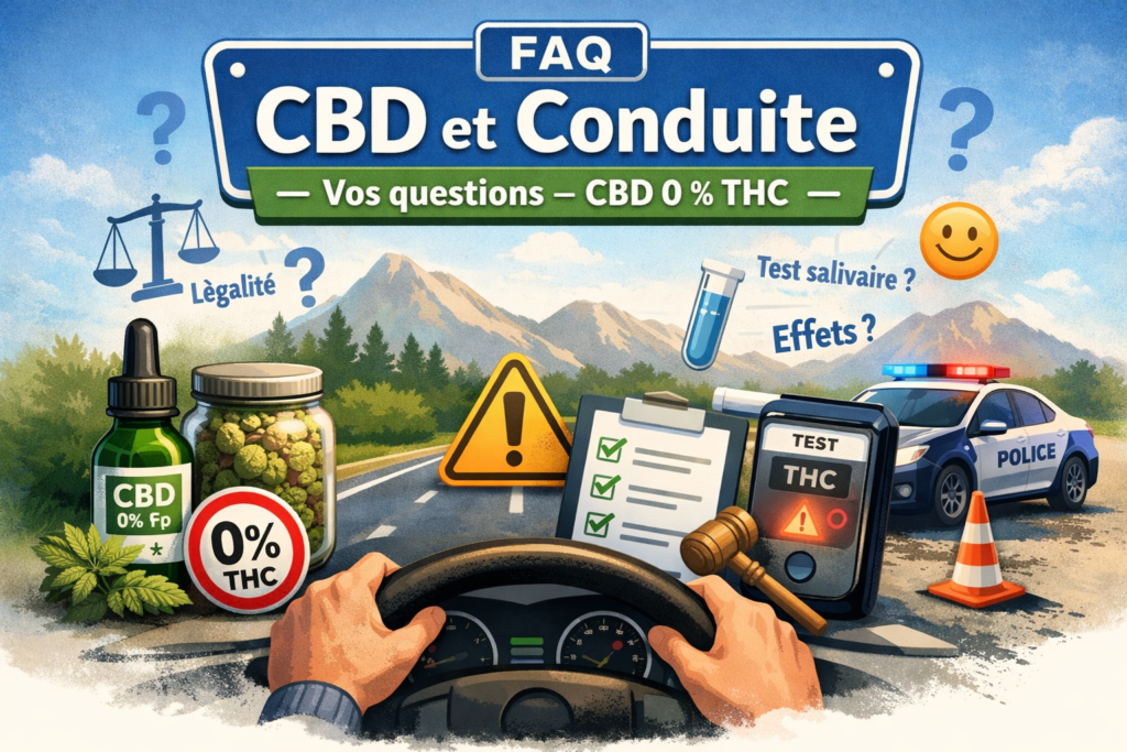 Illustration FAQ CBD et conduite – route avec mains sur le volant, produits CBD 0 % THC, test THC, police et icônes légalité et sécurité.