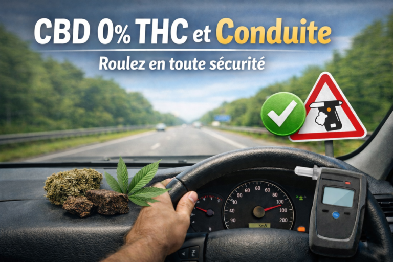 CBD 0 % THC et conduite : fleurs de CBD et résine sans THC sur tableau de bord, symbole de conduite légale, sûre et sereine.