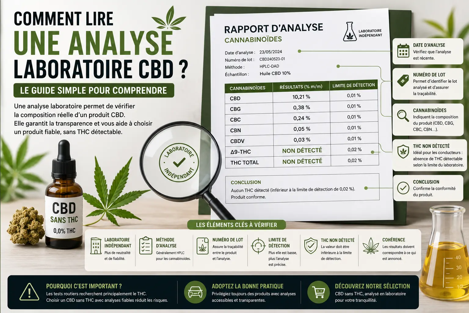 Analyse laboratoire CBD avec résultats des cannabinoïdes