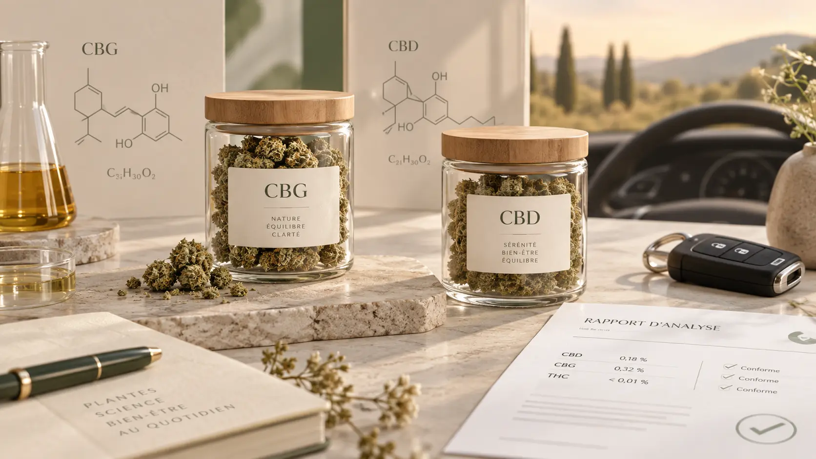 Comparaison CBG et CBD avec fleurs, analyses laboratoire et conduite
